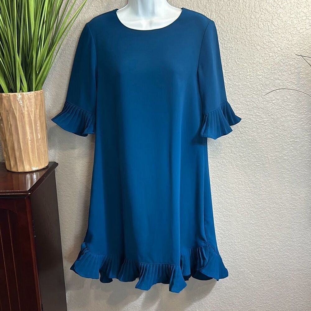 #311* Alfani, dark teal, pleated ruffle trim A-line dress size 4